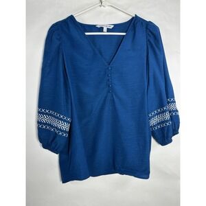 Elizabeth & James Blue V-Neck Shirt Tunic Embroidered‎ Balloon Sleeve Boho EUC